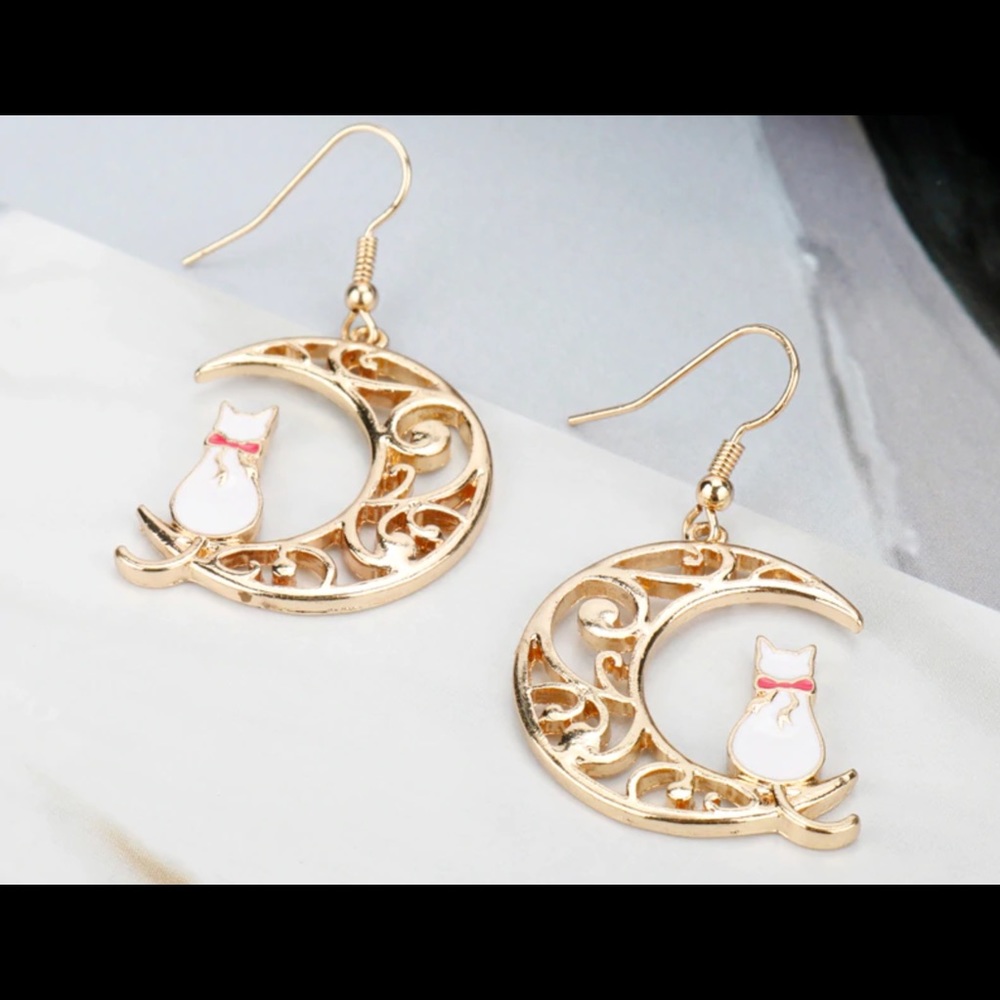 White Cat on Moon Crescent Earrings Gold